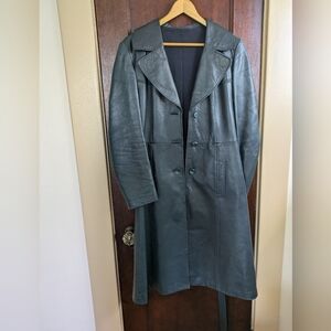 Vintage Womens Teal Blue Leather Trench Coat, Size Medium